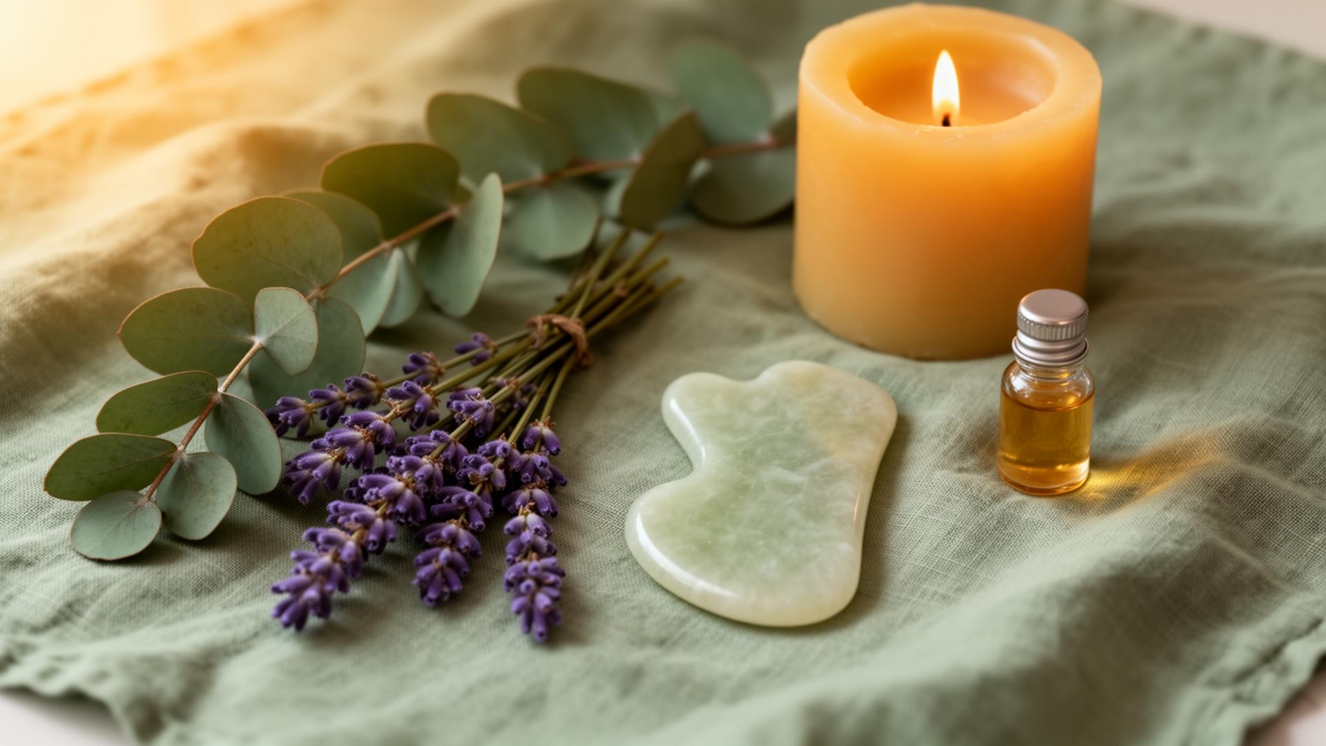 Wellness products with lavender, candles, and essential oils